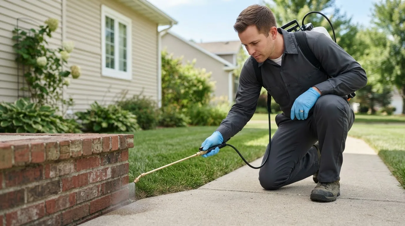Pest control technician treating a home near Canton, MA