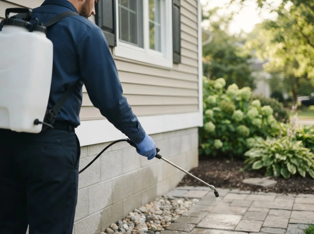 Pest control technician inspecting a home in Canton, MA